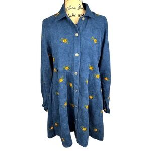 Davi & Dani Mini Jacket Dress Button Down Baby Doll Blue Corduroy Size S Floral